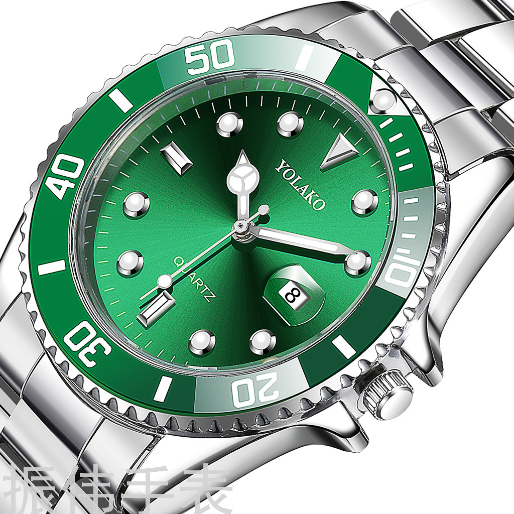 Yolako Popular Green Water Ghost Watch Men&#039;s Hot Sale Steel Belt Watch Band Calendar High-End Quartz Watch Men&#039;s Watch