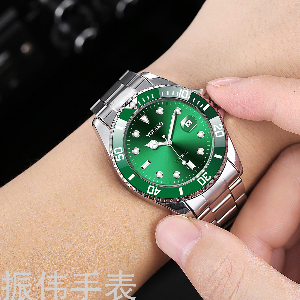 Yolako Popular Green Water Ghost Watch Men&#039;s Hot Sale Steel Belt Watch Band Calendar High-End Quartz Watch Men&#039;s Watch