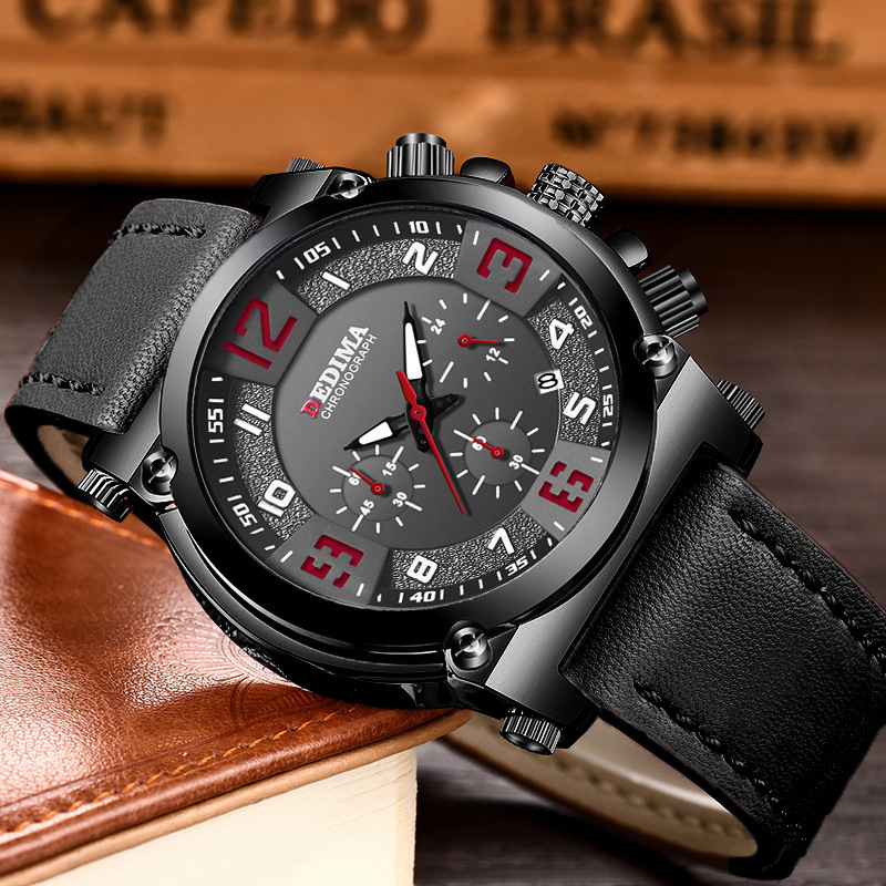 High-End Fashion Men&#039;s Three Eyes and Six Needles Multi-Functional Sports Leather Luminous Waterproof Watch Sport Watch