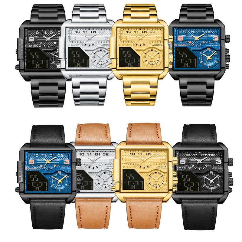 Boamigo Sports Army Style Watch Men&#039;s Double Display 3 Time Zone Electronic Steel Watch Fashion Sport Watch