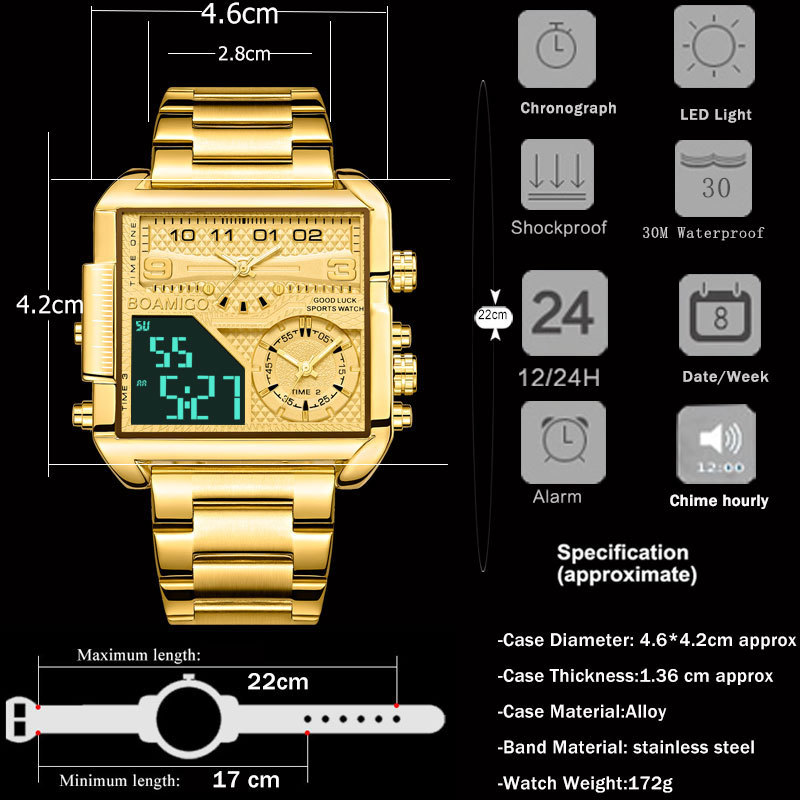 Boamigo Sports Army Style Watch Men&#039;s Double Display 3 Time Zone Electronic Steel Watch Fashion Sport Watch