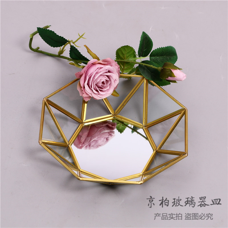Nordic Luxury Mirror Bottom Geometry stereo Golden Jewelry Collection Glass Tray Garden