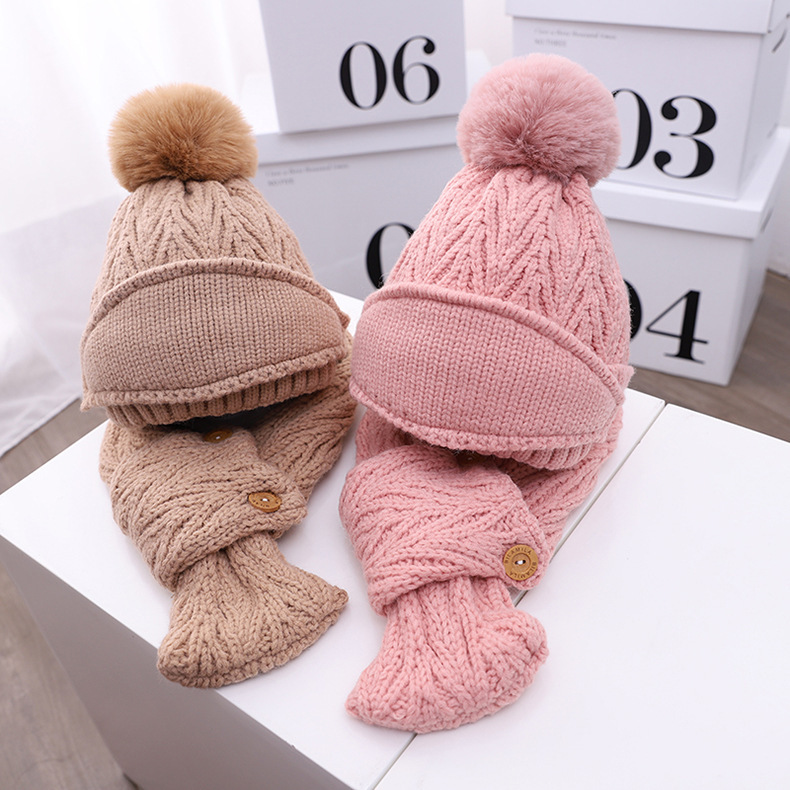 Children&#039;s Hat Winter Fashion Boys Woolen Cap Girls Knitted Hat Simple Hat Scarf Mask Three-Piece Suit Fashion