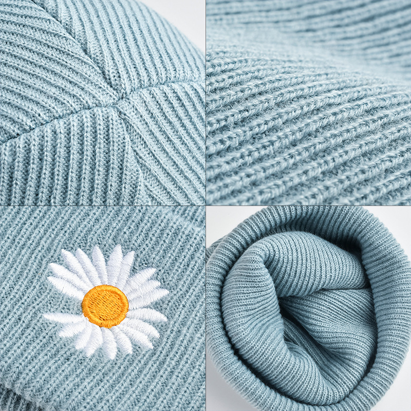2021 New Little Daisy Embroidery Knitted Hat Girls Partysu Photography Artifact Internet Hot Flanging Knitted Hat