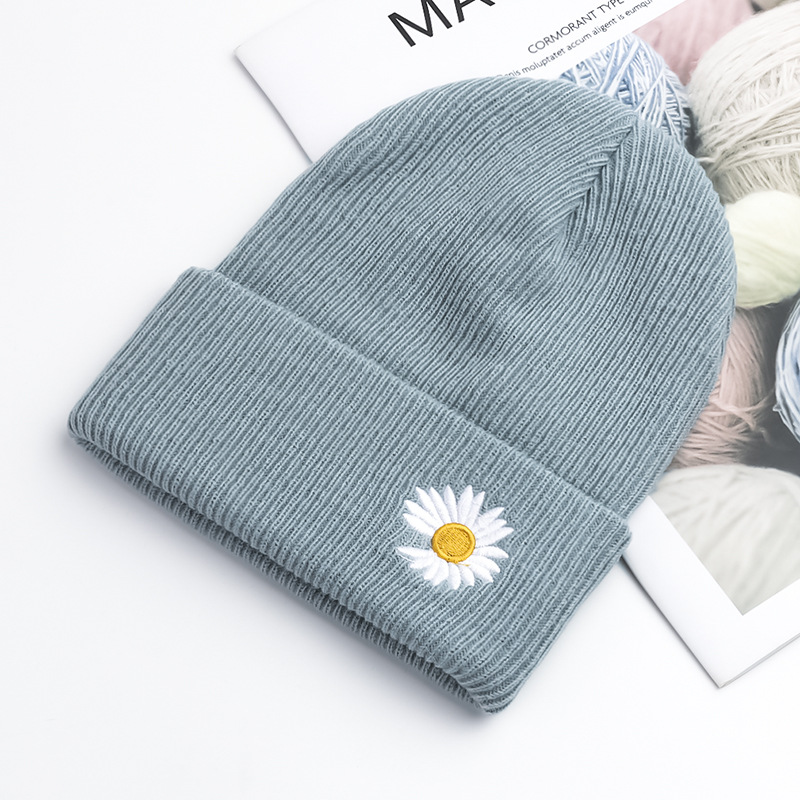 2021 New Little Daisy Embroidery Knitted Hat Girls Partysu Photography Artifact Internet Hot Flanging Knitted Hat