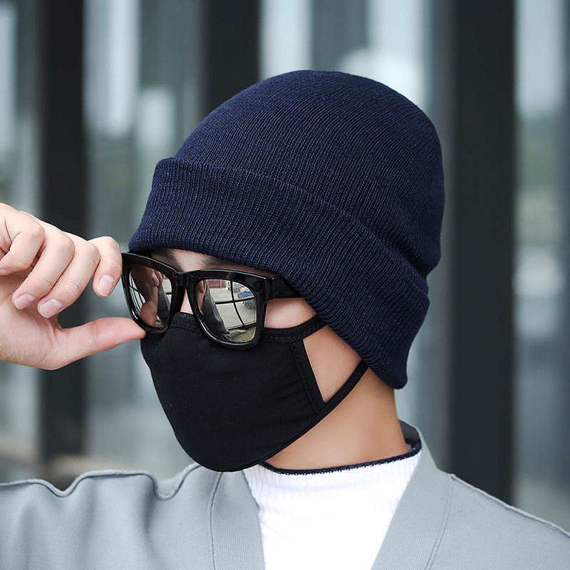 Winter Cold Protection Earflaps Knitted Hat Men&#039;s and Women&#039;s Net Sports Sleeve Cap Cycling Simple Flanging Woolen Cap Wholesale