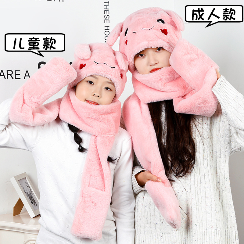 Plush Hat Scarf Gloves for Women Winter Korean Style Cute Bear Ears Thickened Thermal Leisure cap Scarf