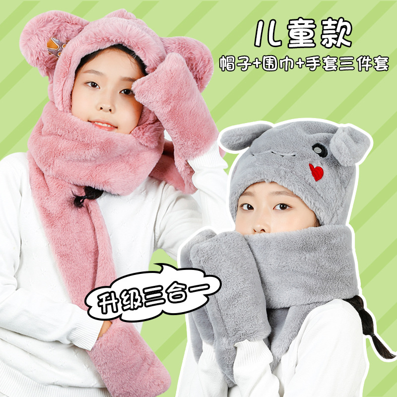 Plush Hat Scarf Gloves for Women Winter Korean Style Cute Bear Ears Thickened Thermal Leisure cap Scarf