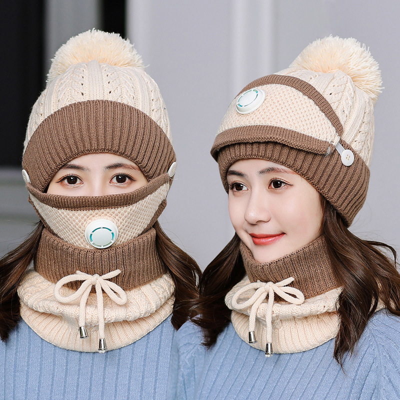 Hat Female Winter Fleece-Lined Thick Woolen Cap Scarf Mask Set Windproof Cycling Leisure cap  scarf