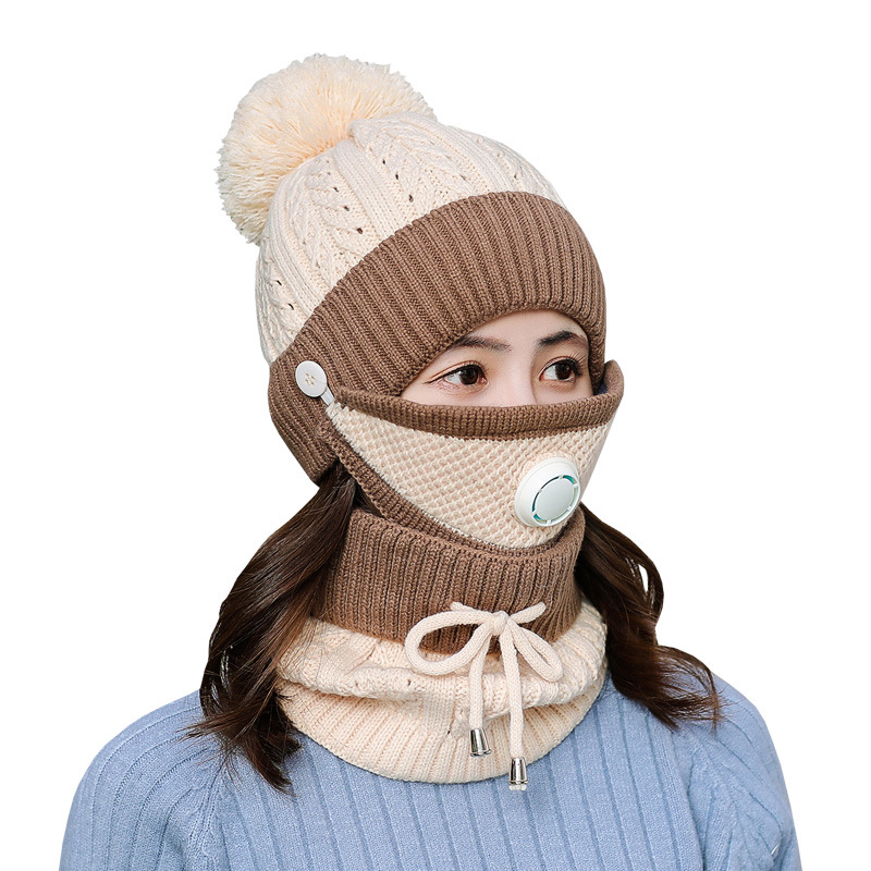 Hat Female Winter Fleece-Lined Thick Woolen Cap Scarf Mask Set Windproof Cycling Leisure cap  scarf
