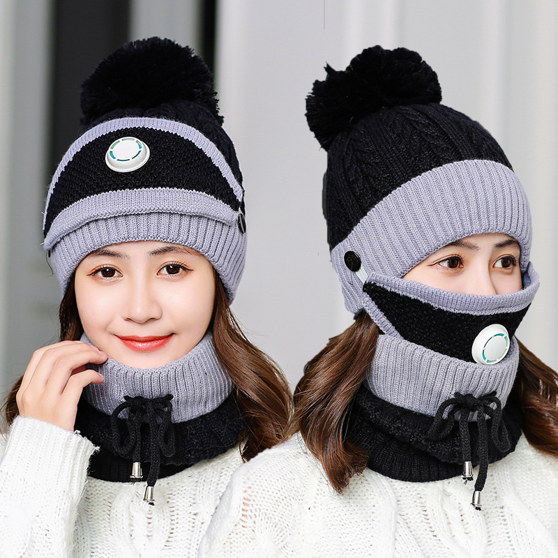 Hat Female Winter Fleece-Lined Thick Woolen Cap Scarf Mask Set Windproof Cycling Leisure cap  scarf