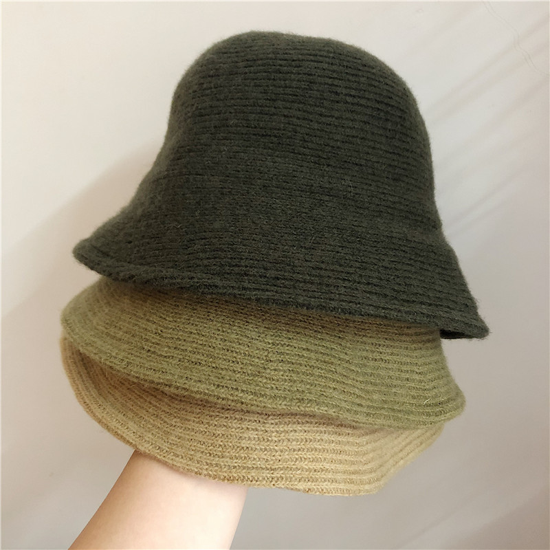 Japanese Pure Color Wool Bucket Hat Women&#039;s Vintage Bowler Hat All-Matching Warm Knitted Bucket Hat Lady Hat