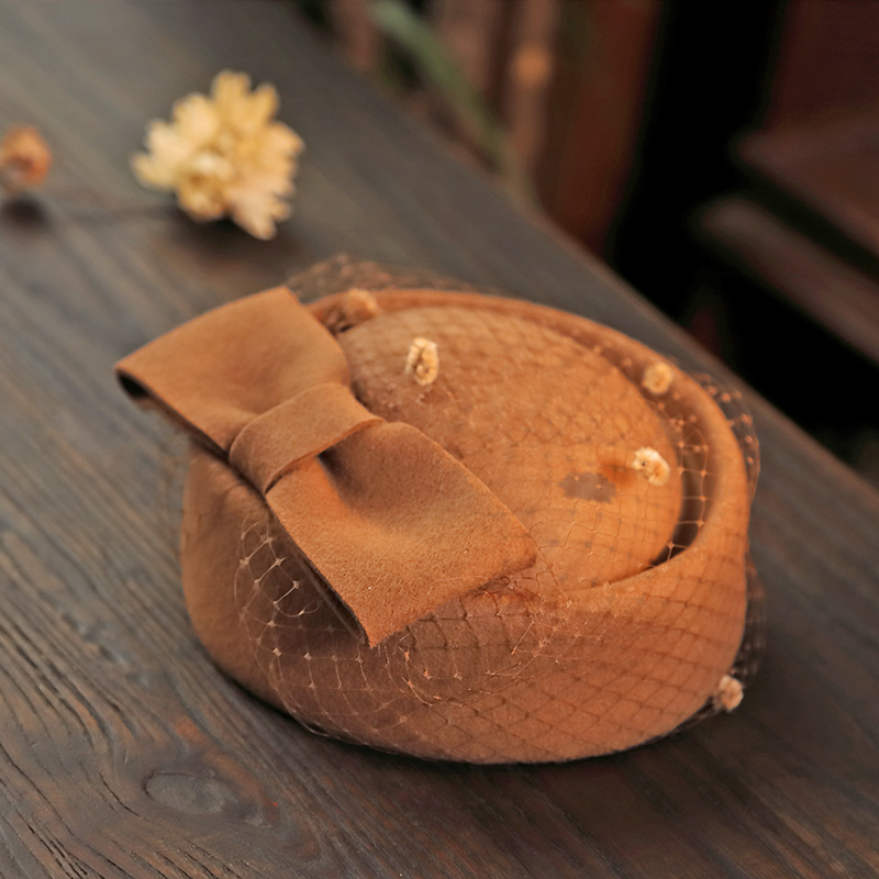 Korean Style Stewardess British Xiaoxiang Style Bow Mesh Lace Woolen Hat Billycock Lady Hat