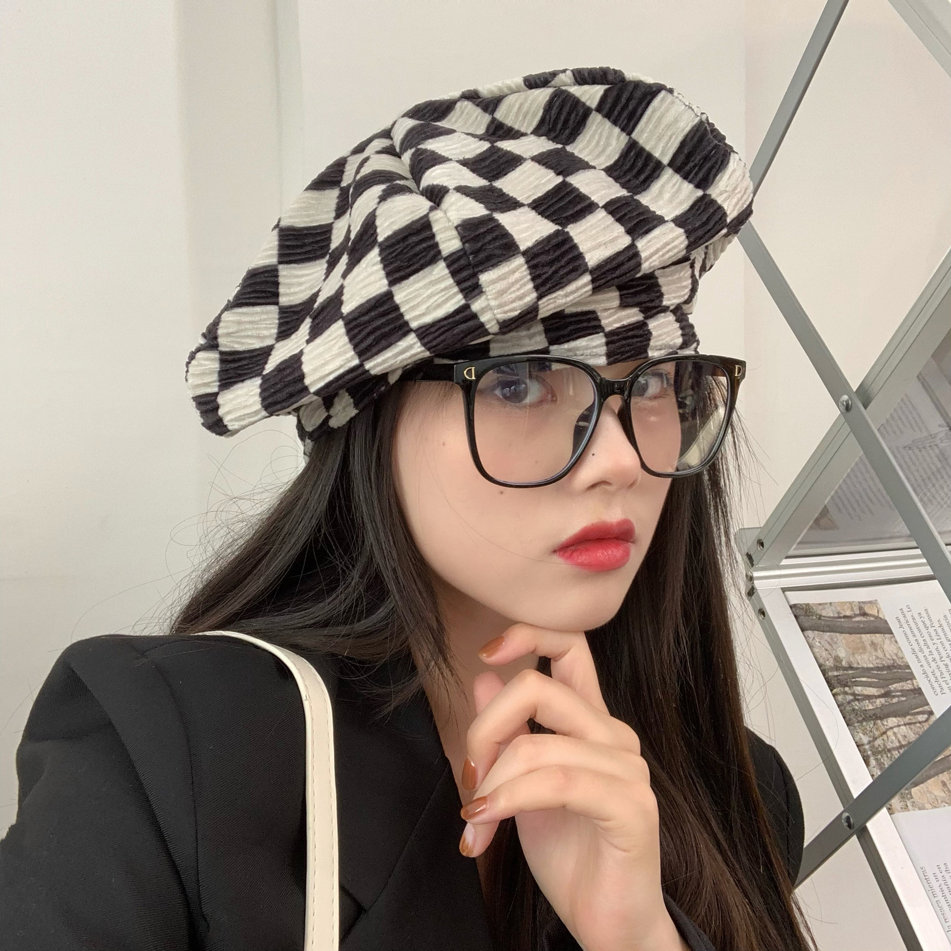 Grandma Chen  Chessboard Beret Female Korean All-Match Hat Lady Hat