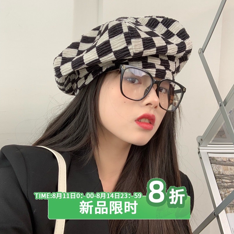 Grandma Chen  Chessboard Beret Female Korean All-Match Hat Lady Hat