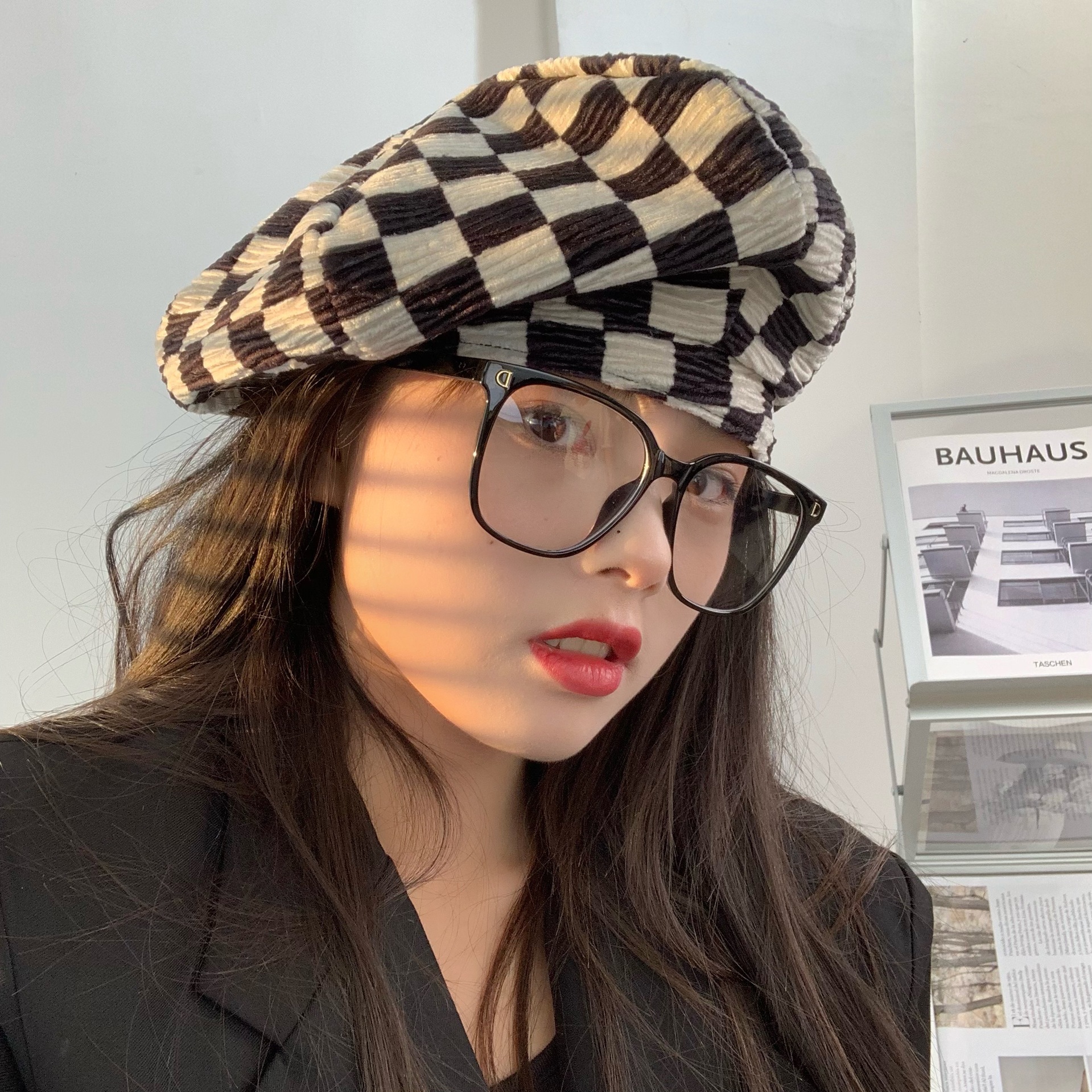Grandma Chen  Chessboard Beret Female Korean All-Match Hat Lady Hat
