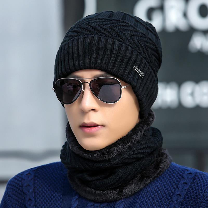 Korean Style Fall Winter Men Simple Knitting Fleece-Lined Woolen Hat Outdoor Scarf Two-Piece Set Cycling Earflaps Thermal Cotton Hat