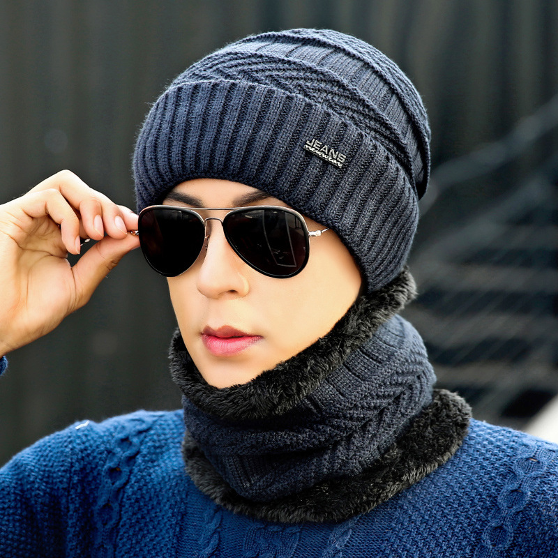 Korean Style Fall Winter Men Simple Knitting Fleece-Lined Woolen Hat Outdoor Scarf Two-Piece Set Cycling Earflaps Thermal Cotton Hat