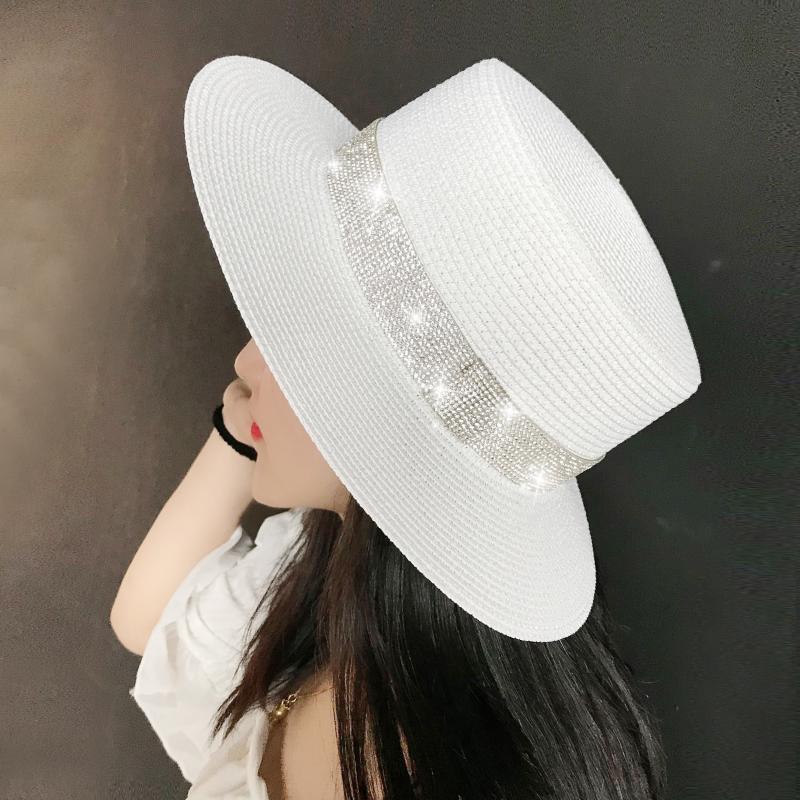 Glowing hat  Rhinestone Flat Straw Hat Summer Outdoor Sun-Proof Beach Hat Women&#039;s British Fashion All-Matching Straw Hat
