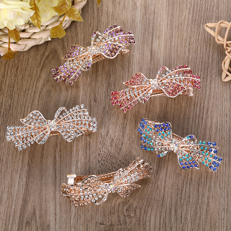 Crystal Diamond Bow Spring Barrettes Japanese and Korean Barrettes Horsetail Headwear Ornament Wholesale Alloy Hairpin