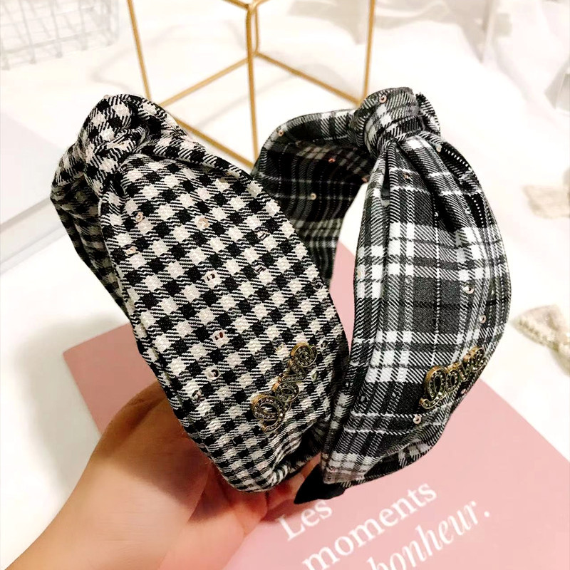 Korean Dongdaemun Alloy Accessories Plaid Headband Women &#039;S Korean-Style Versatile Retro Wide-Brim Hair Accessories Rhinestone Headband Hairpin