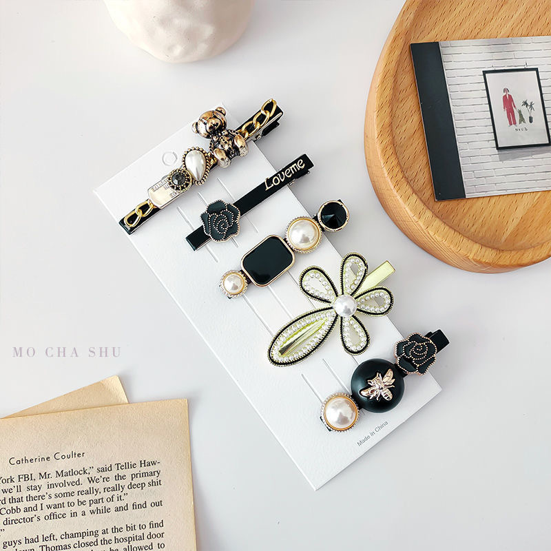 Set Barrettes Side Clip Bangs Pearl Hairpin Retro Debutante Style Cartoon Cute Girl