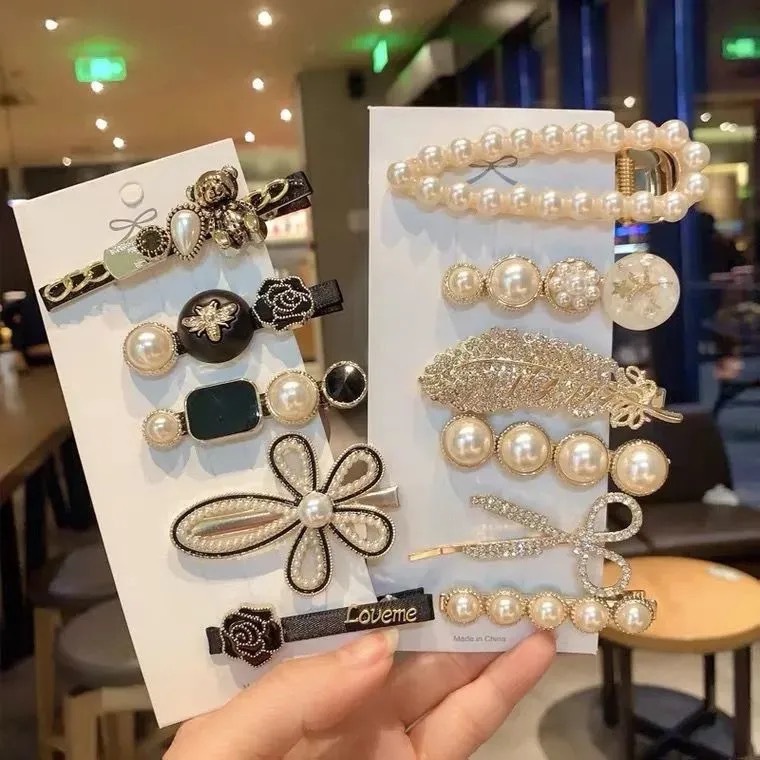 Set Barrettes Side Clip Bangs Pearl Hairpin Retro Debutante Style Cartoon Cute Girl