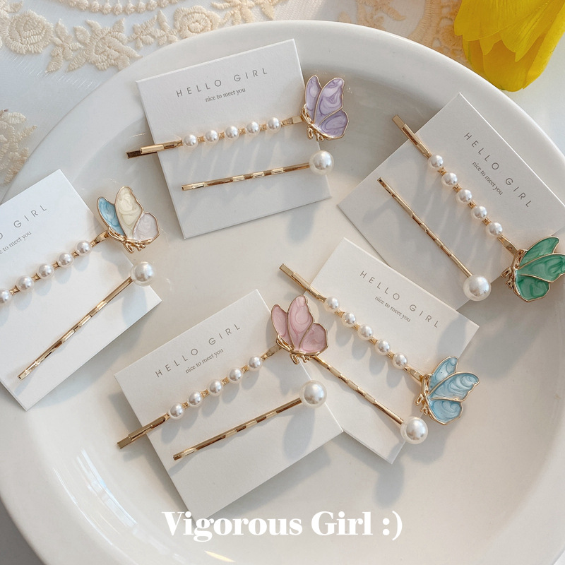 Sweet Butterfly Pearl Hairpin Combination super Xiansen Department a Word clip Bangs clip hairpin female Headwear