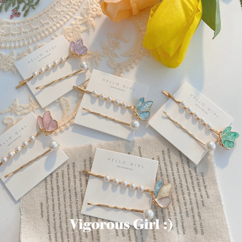 Sweet Butterfly Pearl Hairpin Combination super Xiansen Department a Word clip Bangs clip hairpin female Headwear