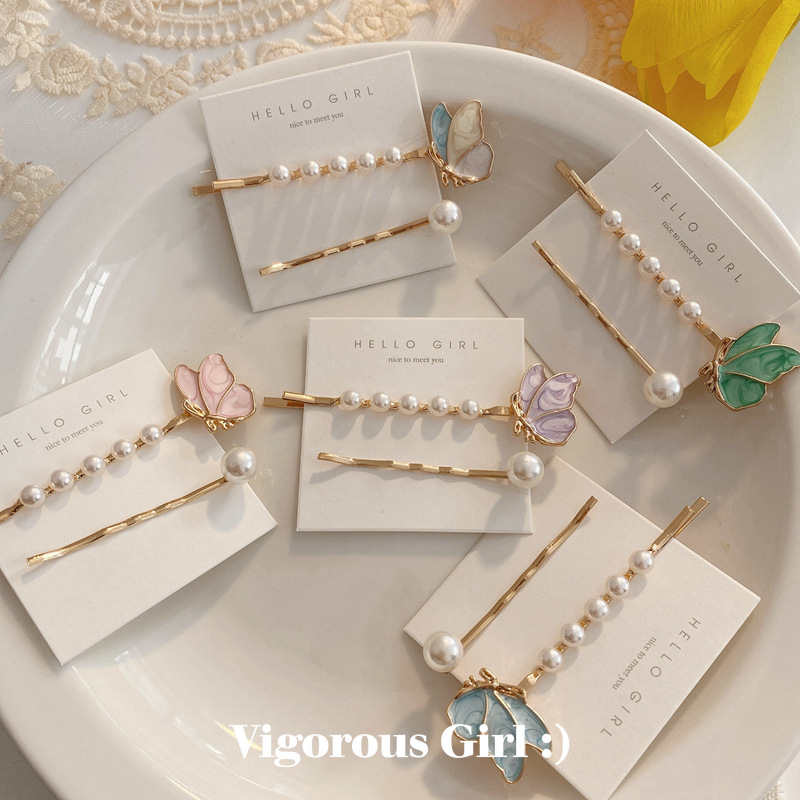 Sweet Butterfly Pearl Hairpin Combination super Xiansen Department a Word clip Bangs clip hairpin female Headwear