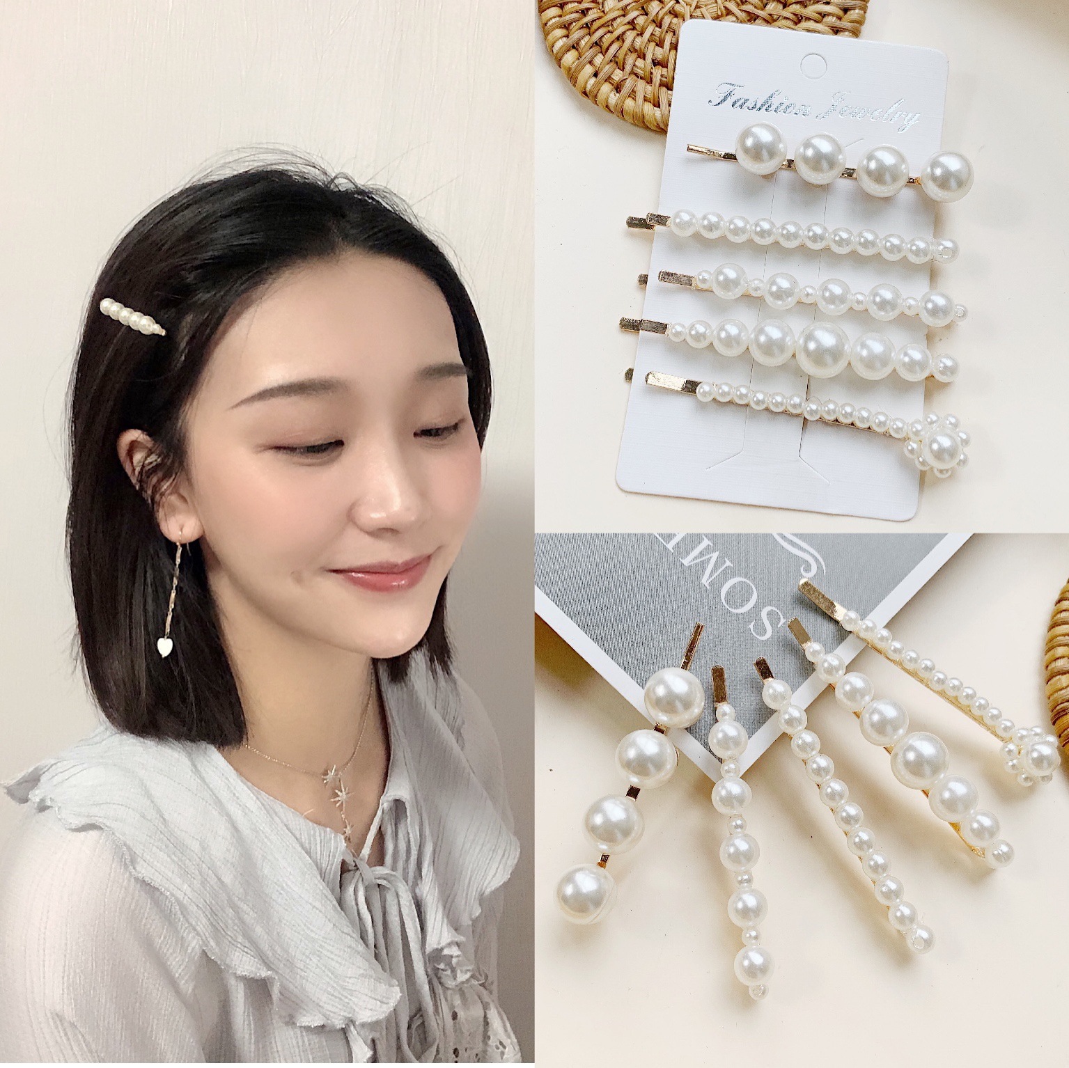 Korean version of the east gate fashion creativity simple five sets of free combination pearl hairpin a word clip edge clip wholesale