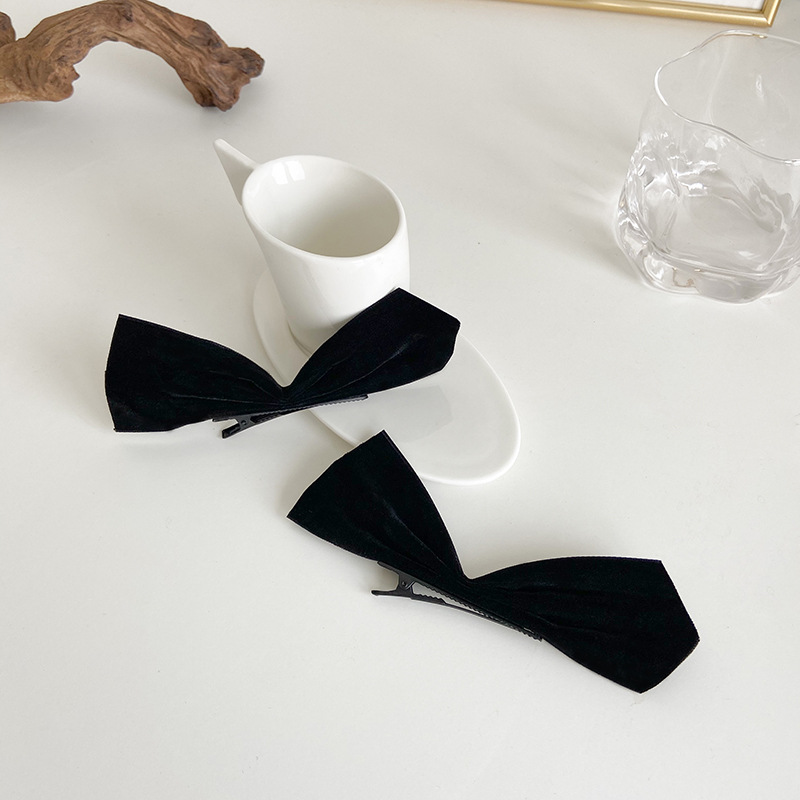 Kim Ji-Su Same Style Black Bow Barrettes Side Clip Girly Temperamental Velvet Hairpin Hair Ornaments Ins Fashion Two-Piece Set