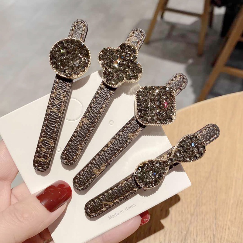 Cowhide Printed Barrettes Rhinestone Crystal Bangs Side Clip Mori Girl Word Clip Dongdaemun Same Product Diamond Hairpin