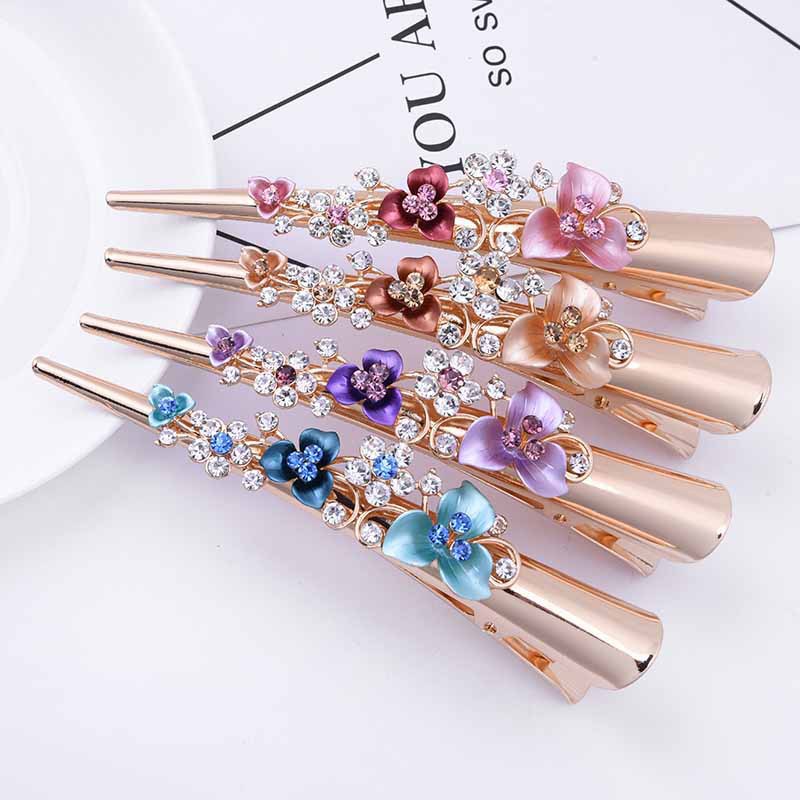 Yiwu Korean version hairpin 13cm women&#039;s duck mouth clip manufacturers original alloy paint flowers horsetail horn clip
