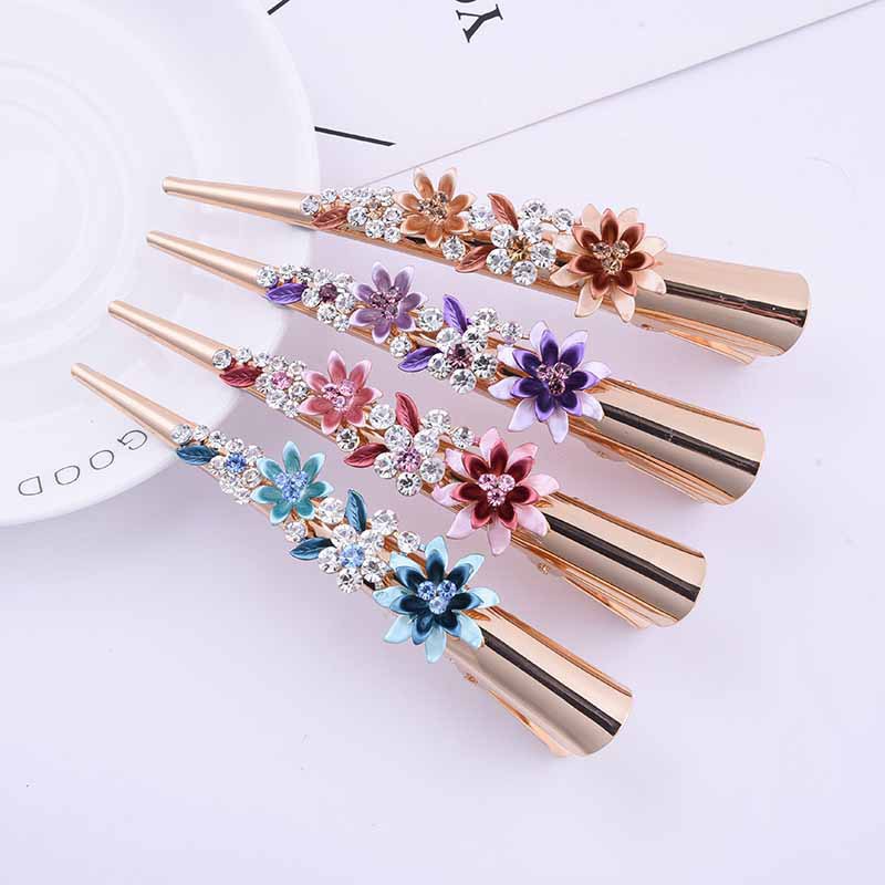 Yiwu Korean version hairpin 13cm women&#039;s duck mouth clip manufacturers original alloy paint flowers horsetail horn clip