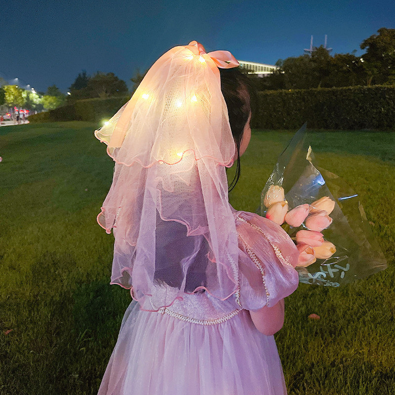Tiktok Same Style Luminous Veil Super Fairy Bow with Light Hairpin Warm Light Children Baby Foto Prop Jewelry
