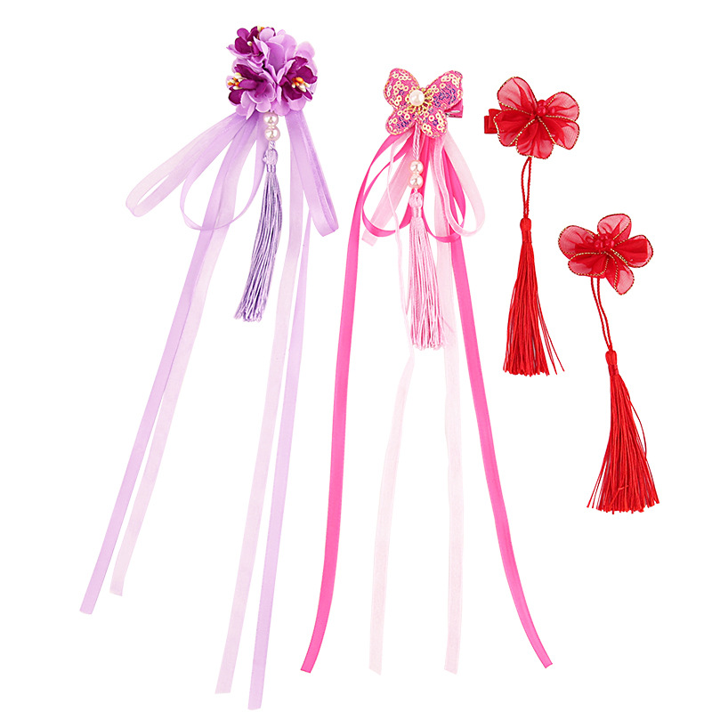 Children&#039;s Han Chinese Costume Headdress Flower Bud Barrettes Girl&#039;s Ancient Style Tassel Buyao Ribbon Hairpin Baby Super Fairy Clip Clip Clip