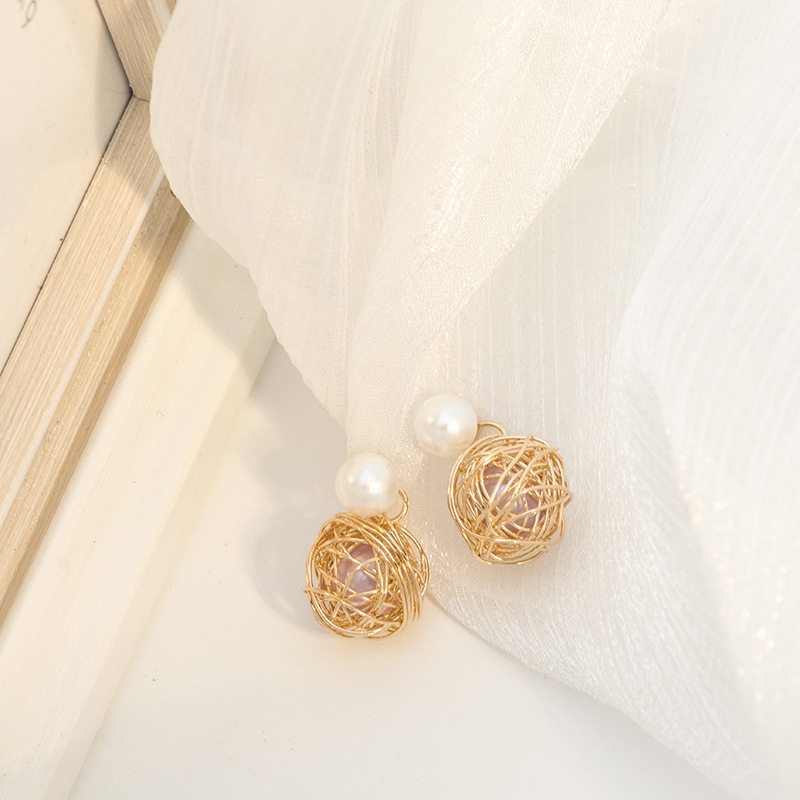 Korean Style 925 Silver Needle Bird&#039;s Nest Pearl Frosty Style Earrings Metal Hollow Ball Ball Simple Personality Graceful Earrings Female