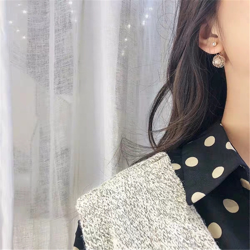 Korean Style 925 Silver Needle Bird&#039;s Nest Pearl Frosty Style Earrings Metal Hollow Ball Ball Simple Personality Graceful Earrings Female