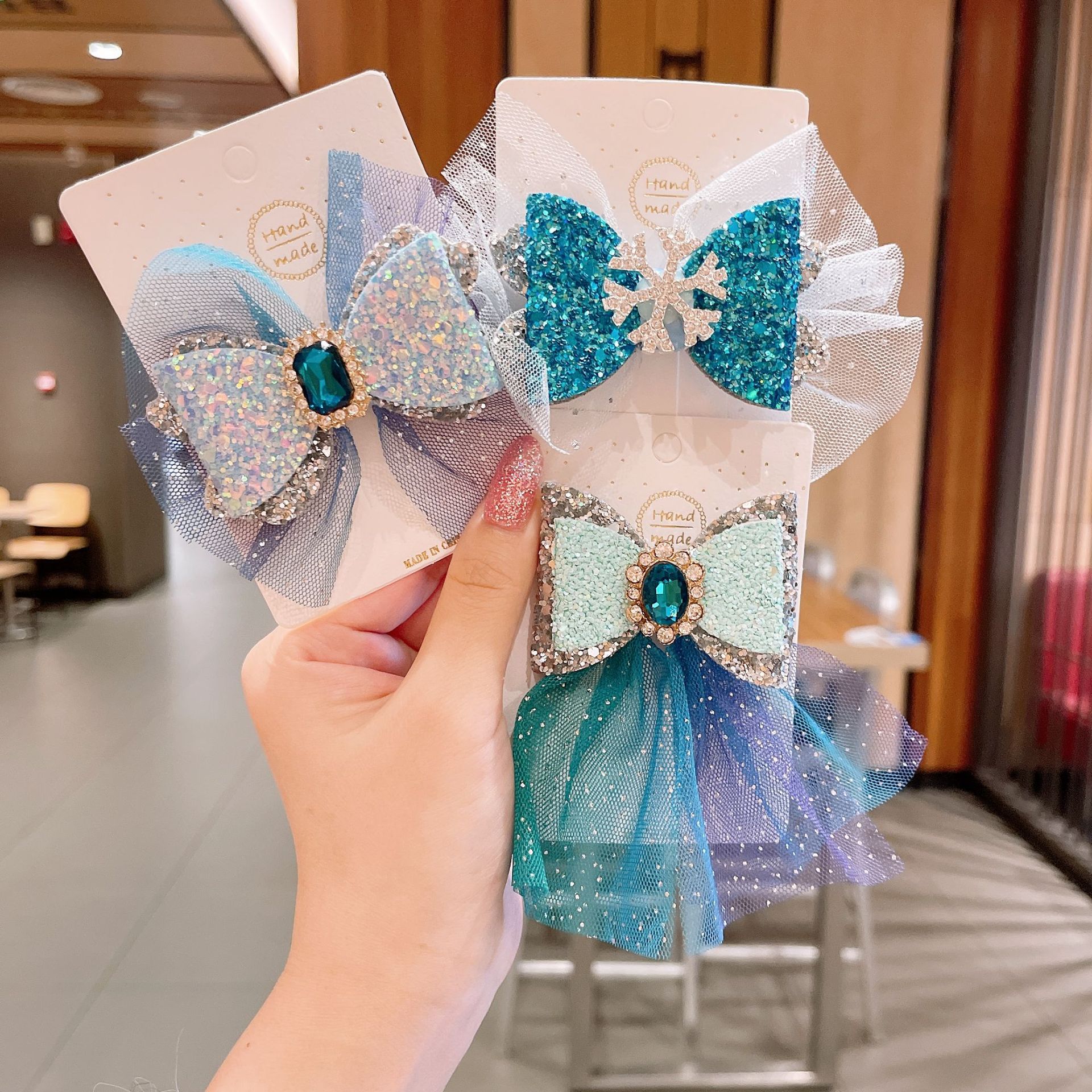 New Ice Princess Crown Hairpin Snowflake Bow Ribbon Hairpin Blue Crystal Mesh Girls Headdress