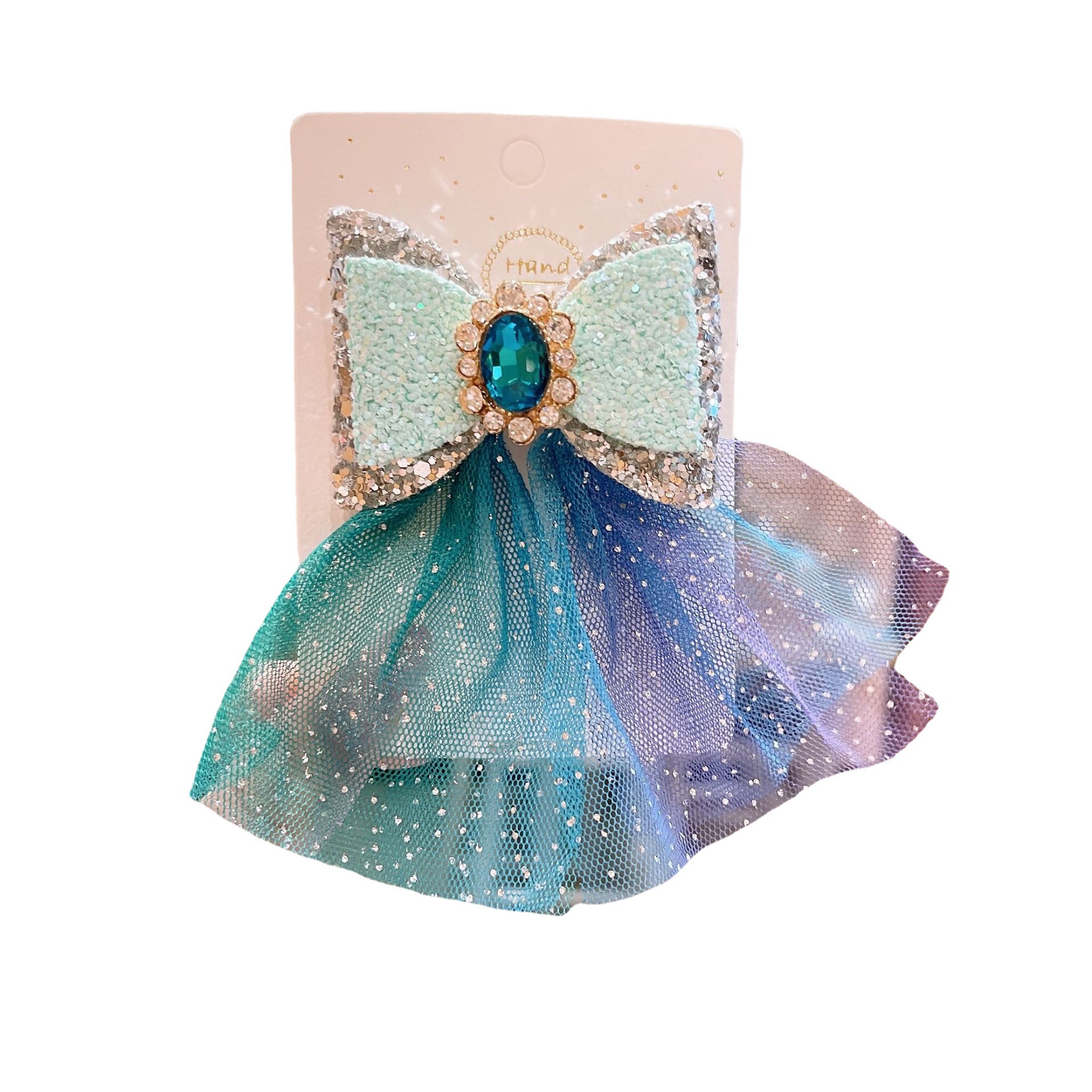 New Ice Princess Crown Hairpin Snowflake Bow Ribbon Hairpin Blue Crystal Mesh Girls Headdress