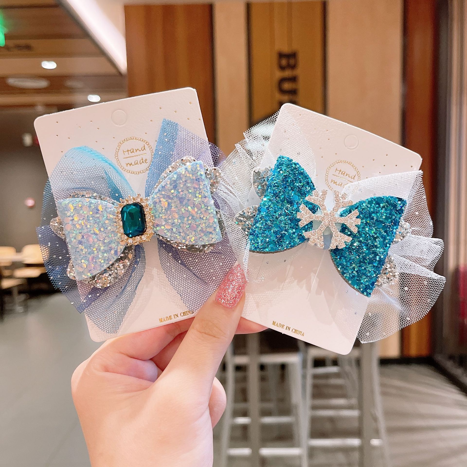 New Ice Princess Crown Hairpin Snowflake Bow Ribbon Hairpin Blue Crystal Mesh Girls Headdress