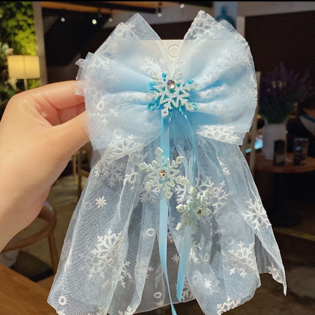 New Ice Princess Crown Hairpin Snowflake Bow Ribbon Hairpin Blue Crystal Mesh  Decorative net