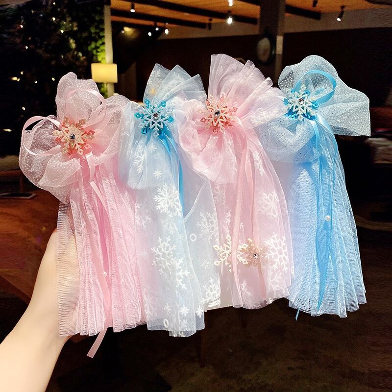 New Ice Princess Crown Hairpin Snowflake Bow Ribbon Hairpin Blue Crystal Mesh  Decorative net