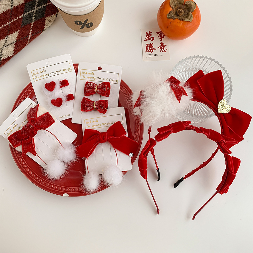 New Year Headdress Red Bow Hair Ball Hair Clip Headband New Year Hair Accessories Festive Headband Hair Pressing Hairpin Holiday Decoration
