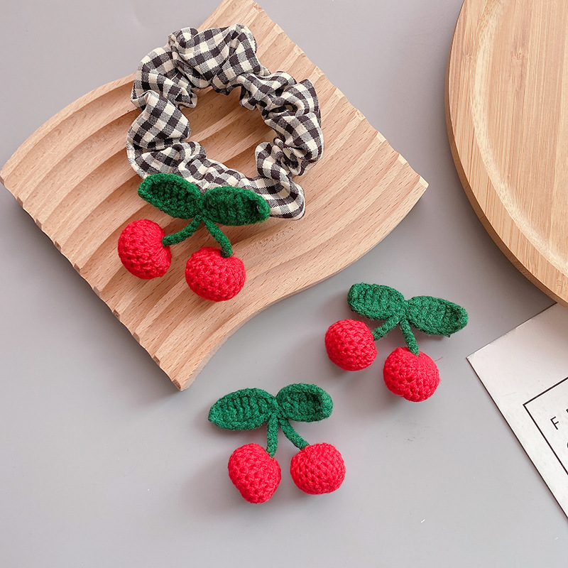  Sweet Knitted Wool Red Cherry Barrettes Cloth Hair Ring All-Match Teenage Girl&#039;s Romance Plaid Hair Rope Ball Hairpin