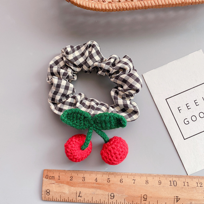  Sweet Knitted Wool Red Cherry Barrettes Cloth Hair Ring All-Match Teenage Girl&#039;s Romance Plaid Hair Rope Ball Hairpin