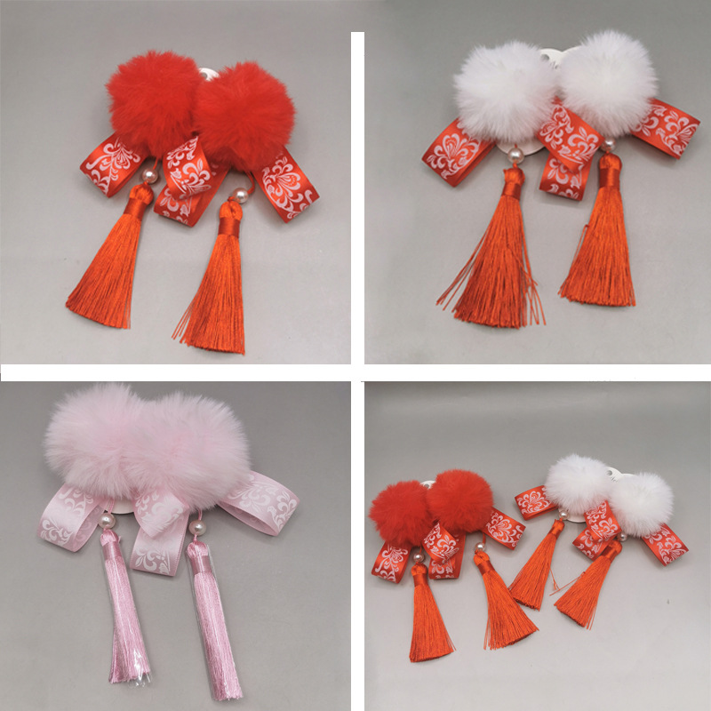 New Year Headdress Barrettes Female Treasure Hanfu Fringed Headwear a Pair of Hairclips Ball Hairpin