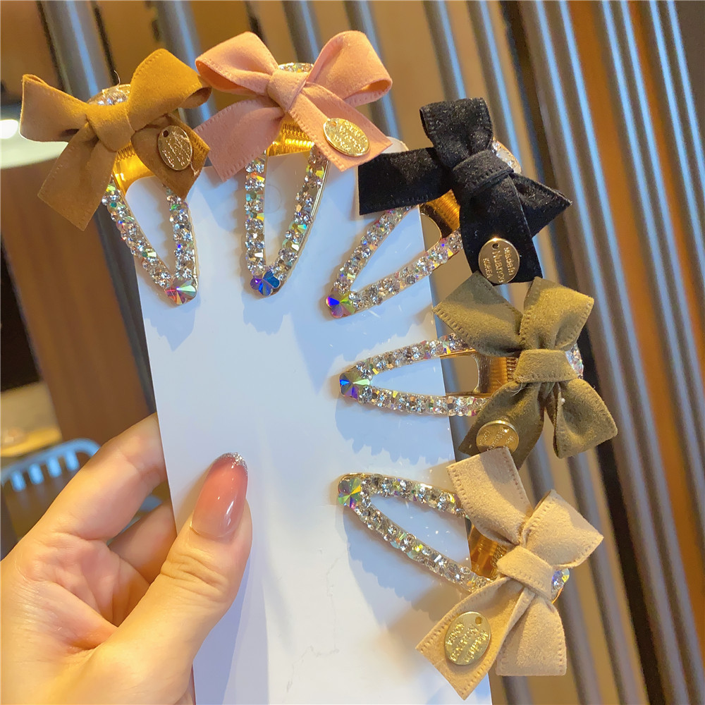 Korean New Simple Internet Celebrity Same Style Lint Bowknot Diamond-Embedded Super Flash Side Clip Korean Hairpin Hairpin Ladies