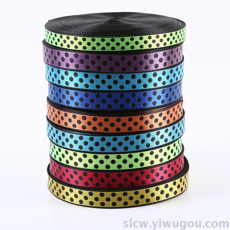 Factory direct sale of the multicolor printing polka dot multicolor printing ribbon with double hook strap.